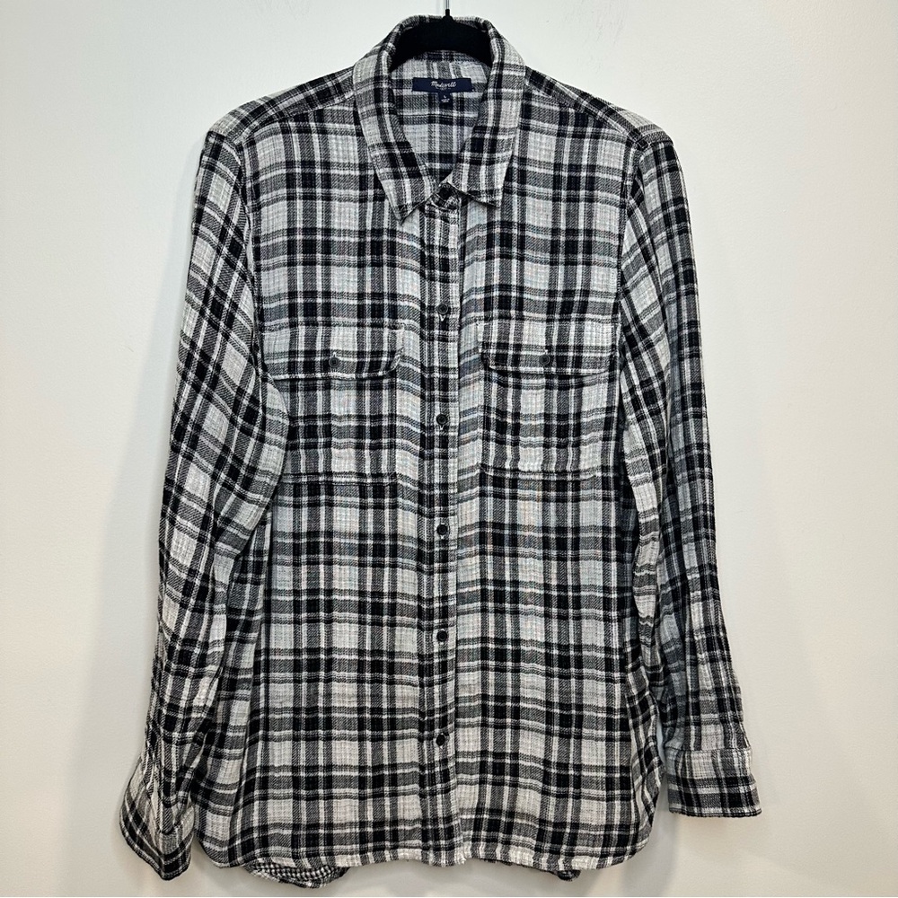 Madewell Flannel Woman Black/ White Ex Boyfriend Romana Plaid Oversized Shirt L